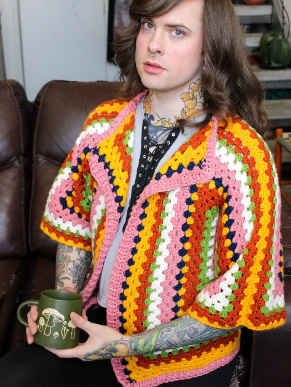 NWT Handmade Crochet 3/4 Sleeve Retro Cardigan Large Summer Boho Colorful